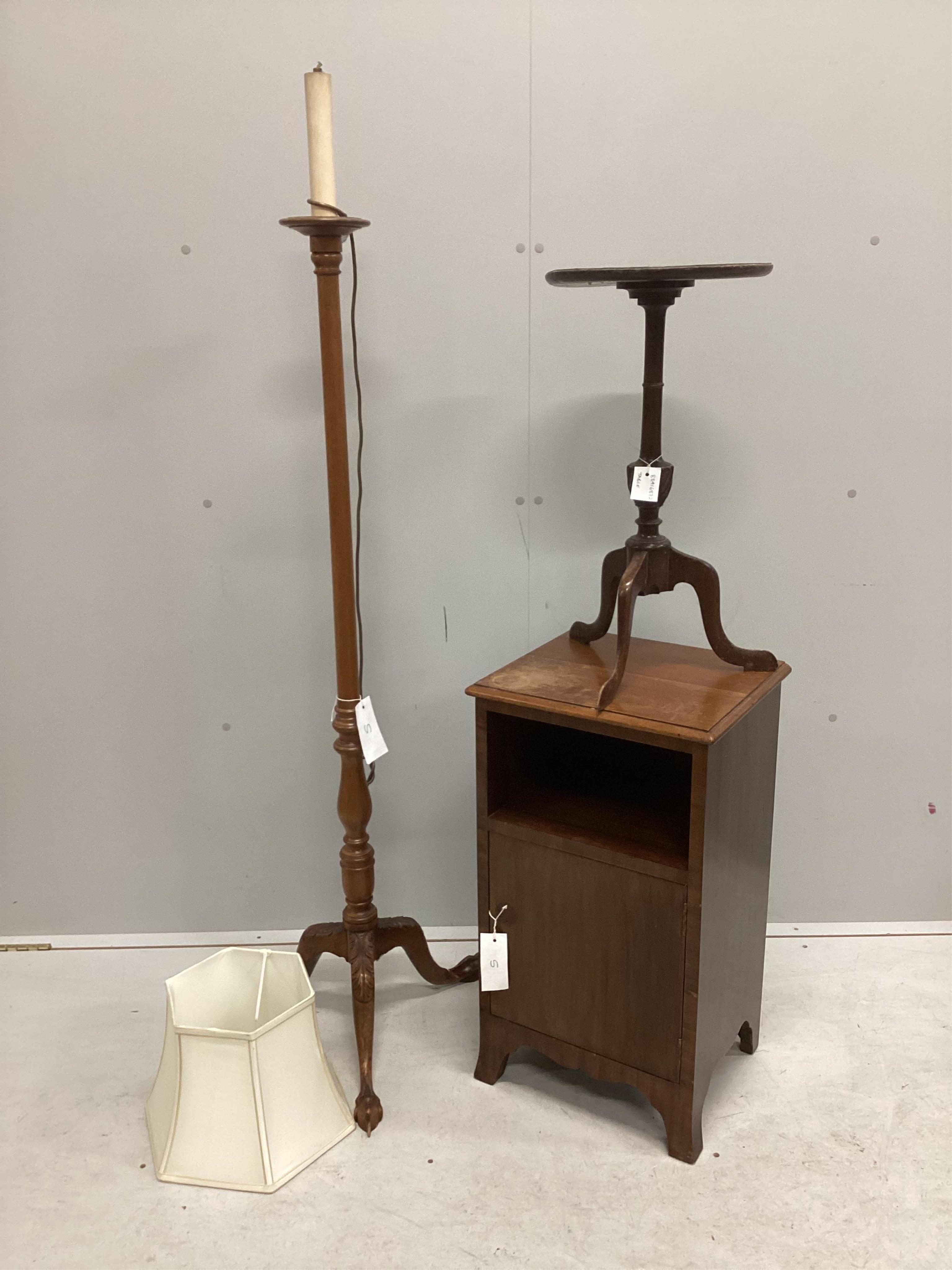 A mahogany dressing stool with square splayed legs and an overstuffed seat covered in green damask, a mahogany standard lamp, bedside cabinet and tripod table. Condition - poor to fair